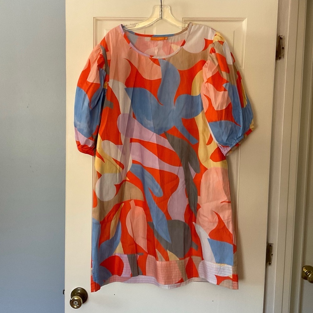 Oliphant Puff Sleeve Dress Orange Print Size 2XL XXL Tropical Vacation Travel